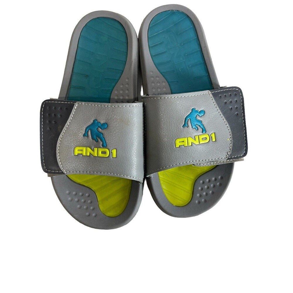 AND1 Boys Size 6 Strider Slide Adjustable Strap‎ Sandal Shoes Gel • Grey &Lime